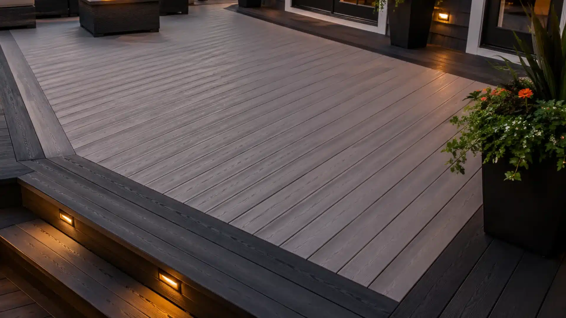 Modern outdoor deck with a two-tone composite board pattern and dark border accents