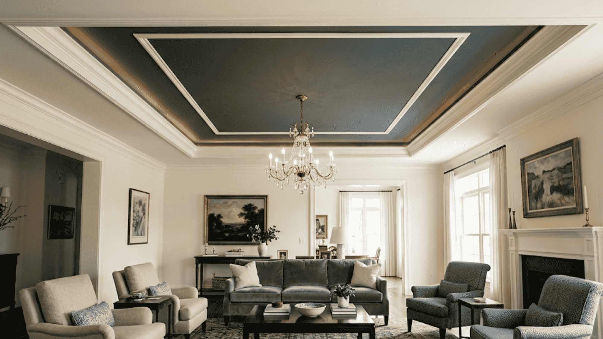 two tone painted tray ceiling with dark center panel and white trim creating a bold elegant bedroom design