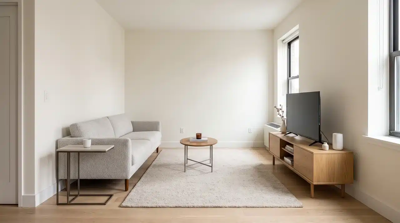 Two-wall small living room layout keeping the center open with balanced furniture placement.