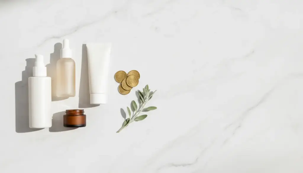 Typology Coupon Code: Verified Ways to Save on Skincare Skincare bottles and coins on white marble surface with a sprig of greenery