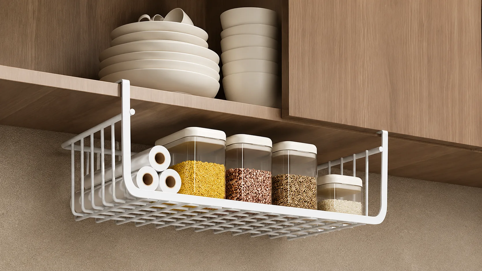 Under-cabinet hanging shelf holding clear food containers and paper rolls beneath wooden kitchen cabinets.