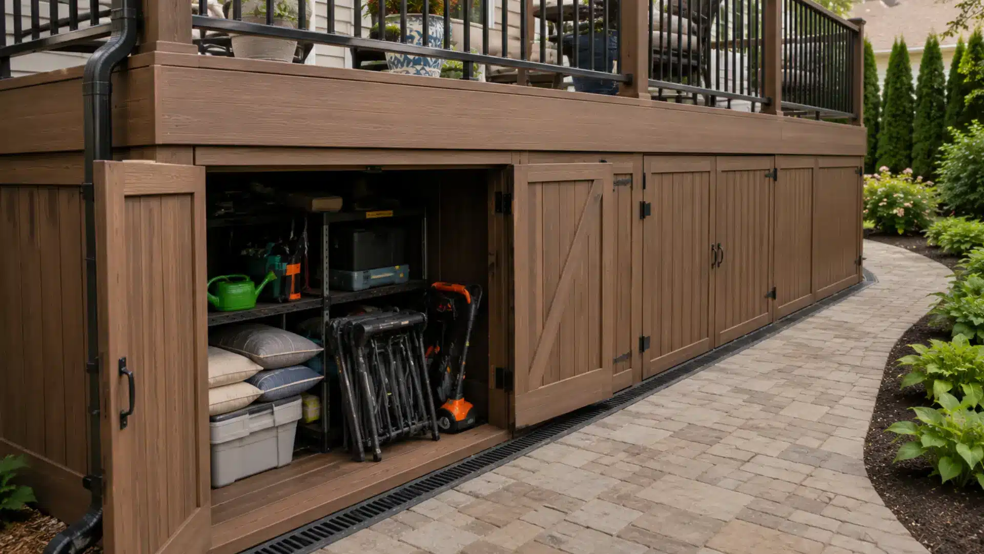 Elevated backyard deck with the under-deck space enclosed by storage panels and a drainage system