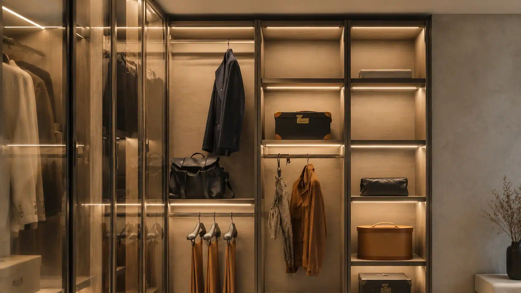 Modern walk-in wardrobe with wood shelving and glass doors, softly lit by warm under-shelf LED lighting highlighting clothing and accessories.