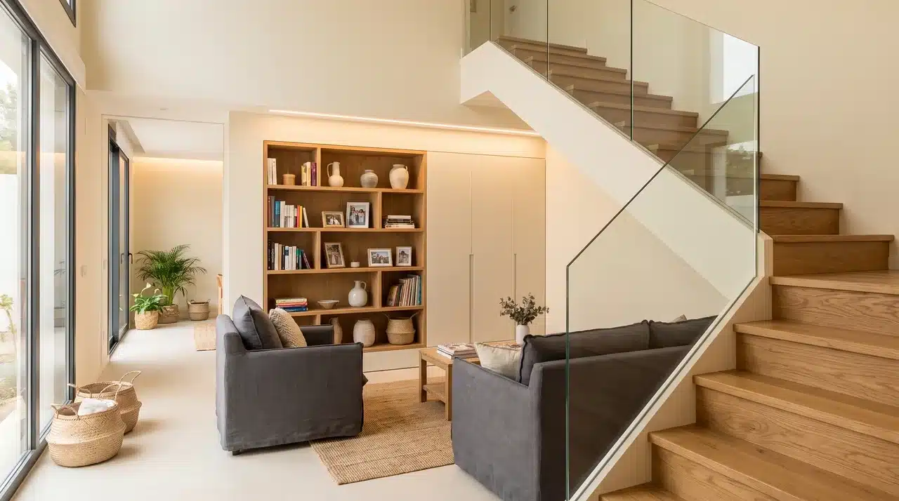 Living room with under-stair storage shelves, sofa arrangement, and functional modern space planning.