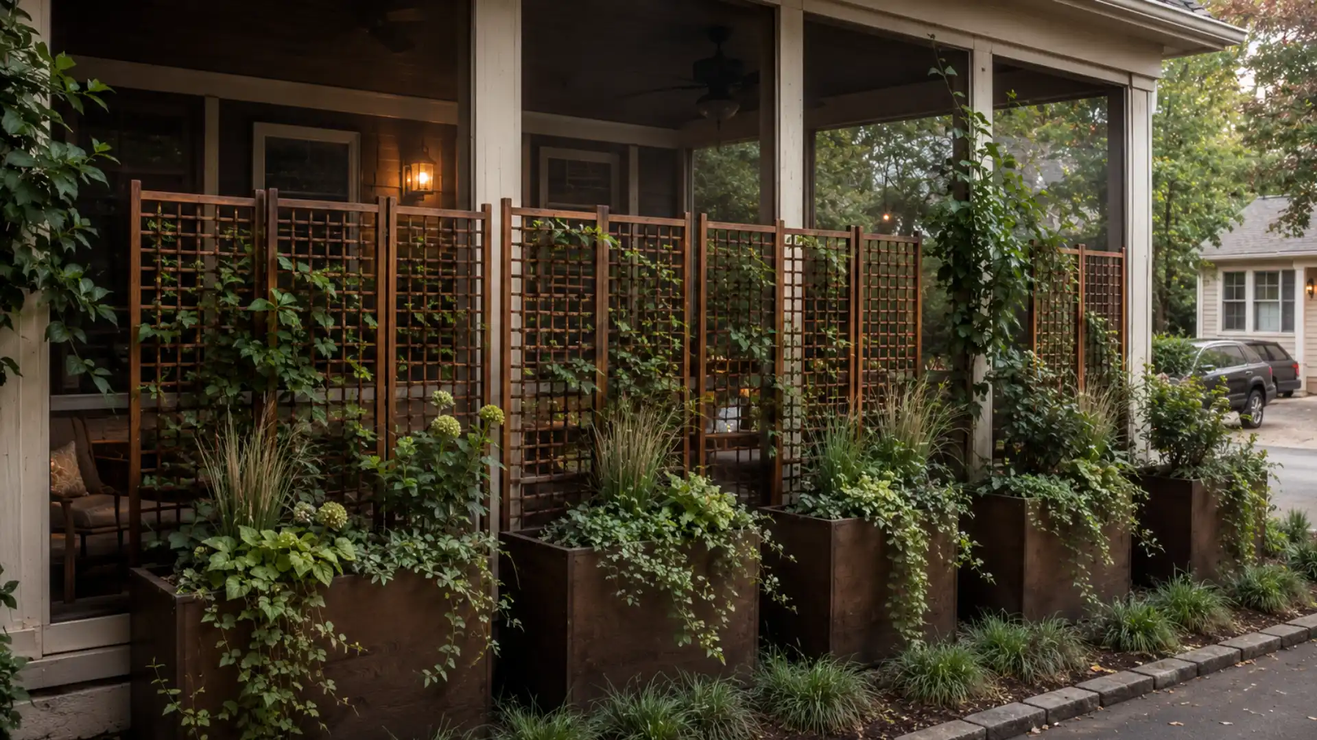 Planter wall and folding screen for privacy on a street-facing porch