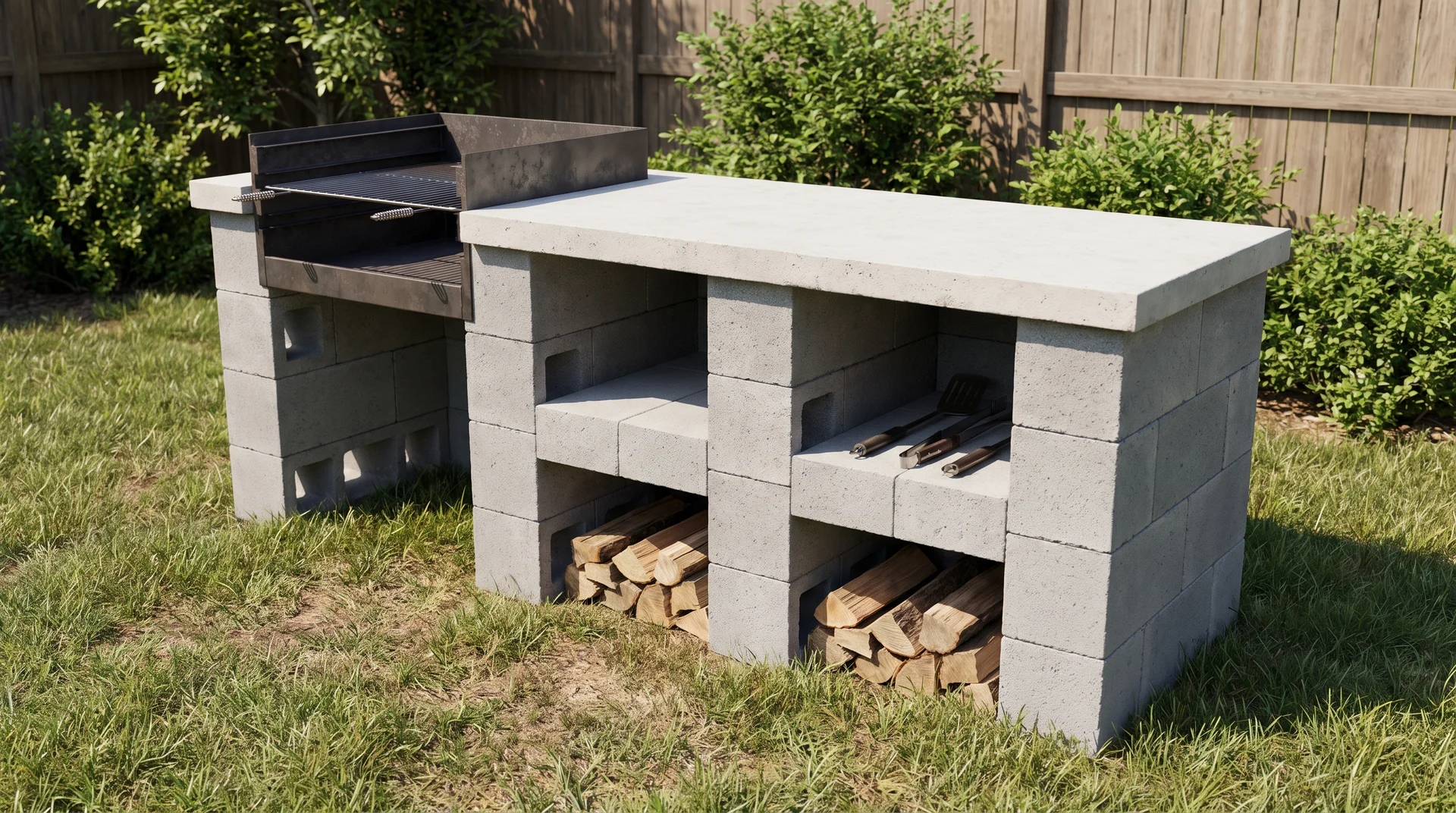 DIY outdoor kitchen with visible concrete block base, countertop, and grill area
