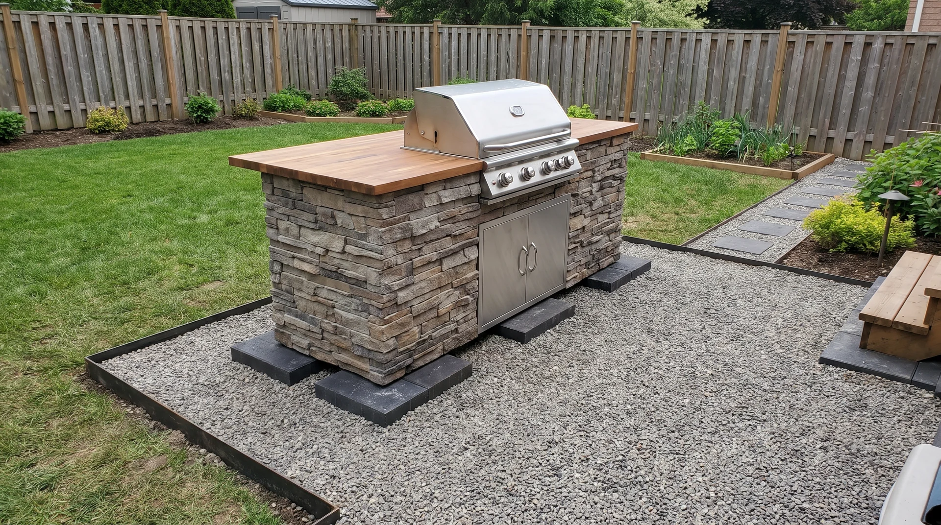 DIY outdoor kitchen on gravel base with edging and paver supports