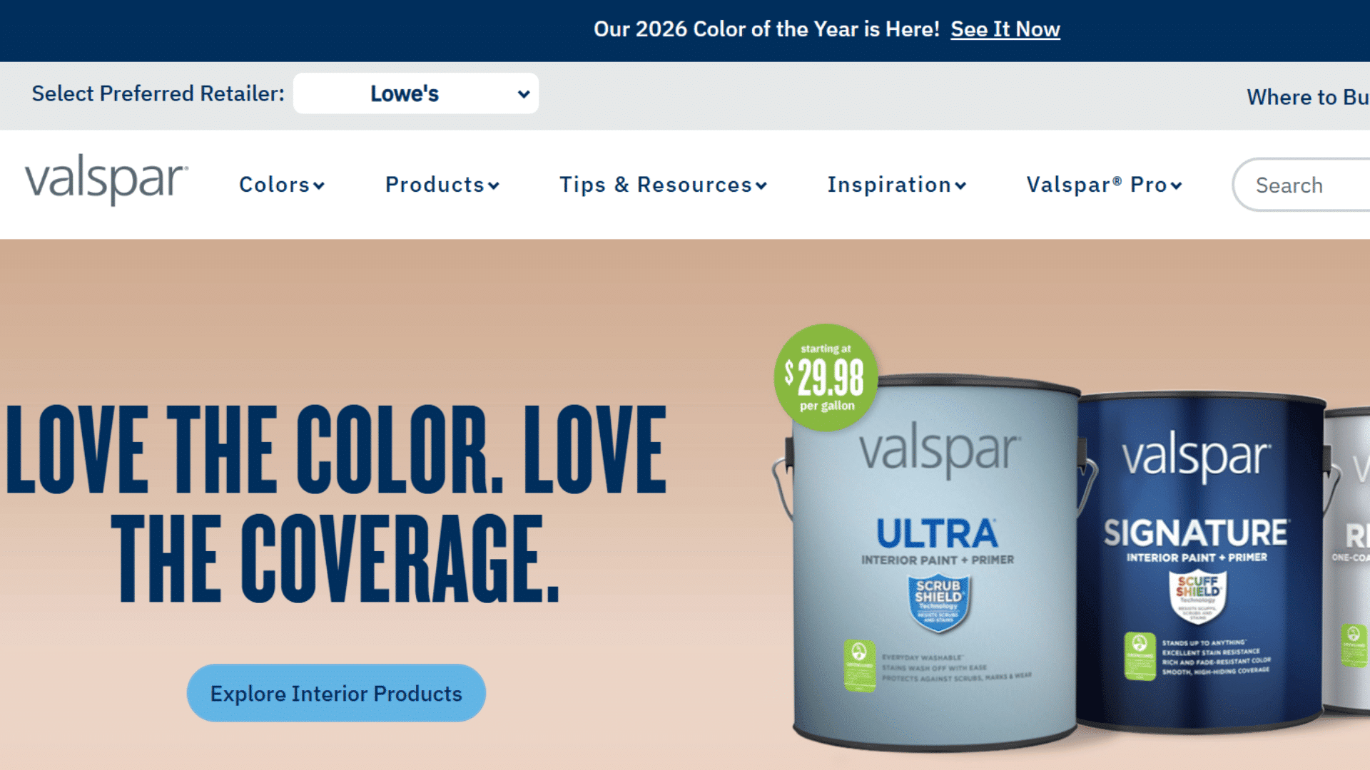 valspar homepage promoting interior paint with ultra signature and reserve paint cans and explore interior products button