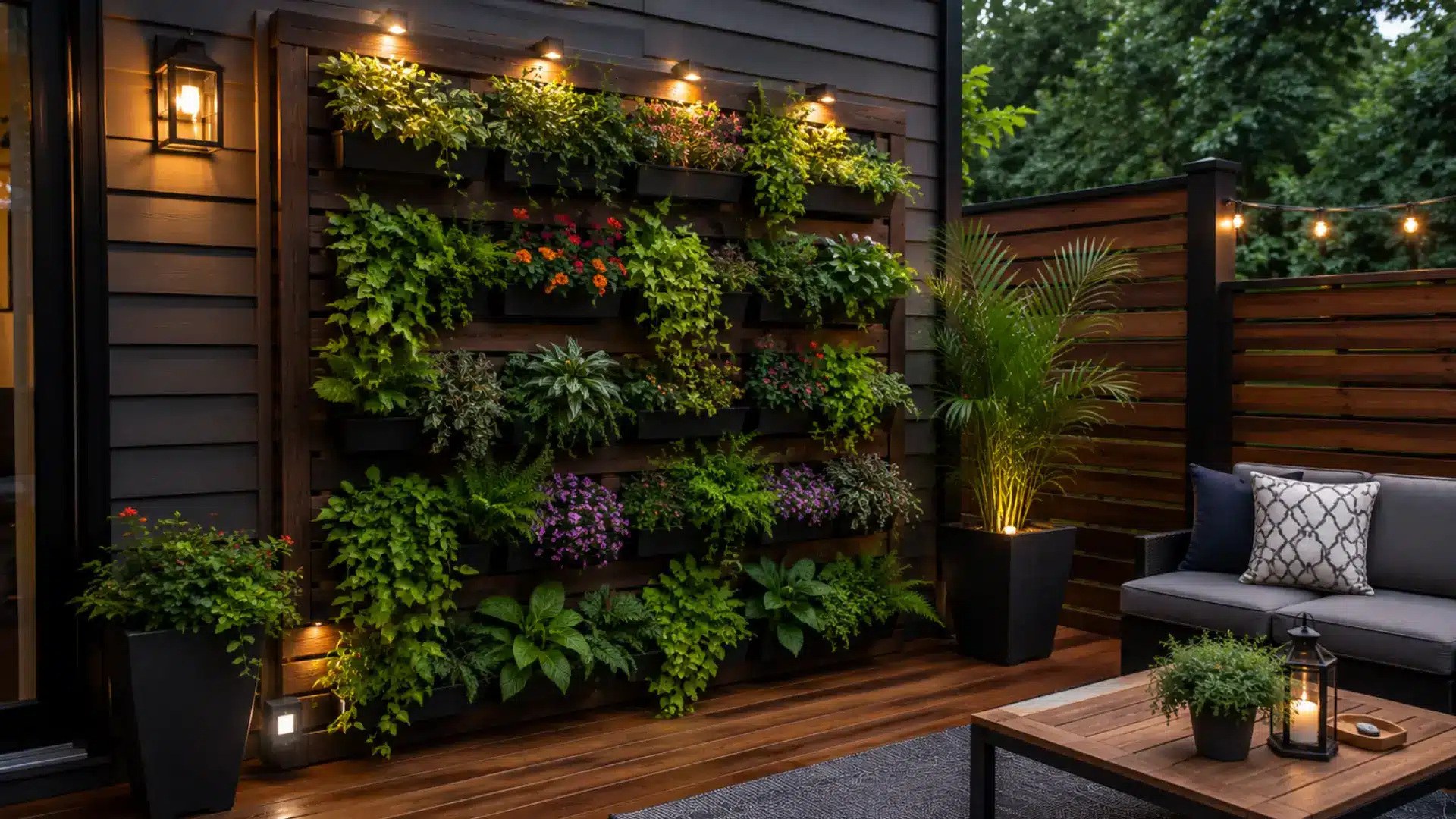 Modern deck with a vertical garden wall, built-in lighting and outdoor seating