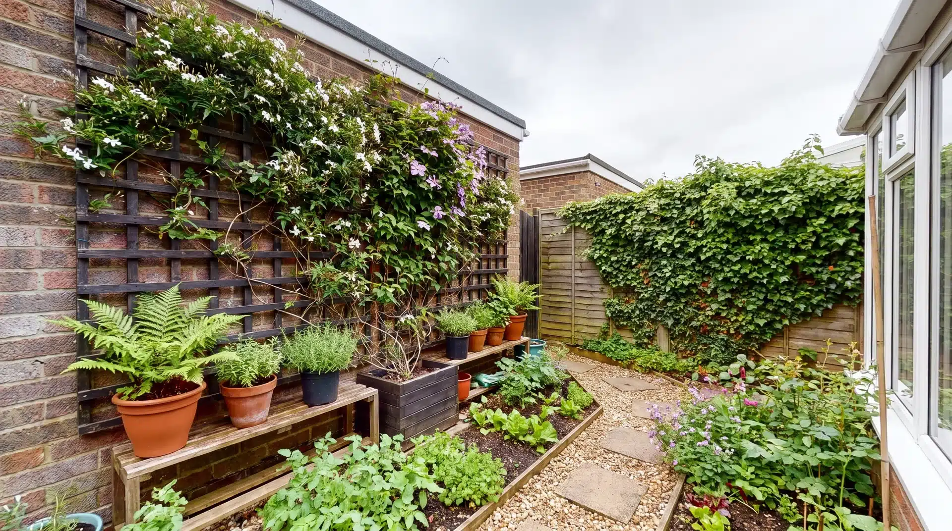 Small garden with climbing plants growing vertically on trellises and fences