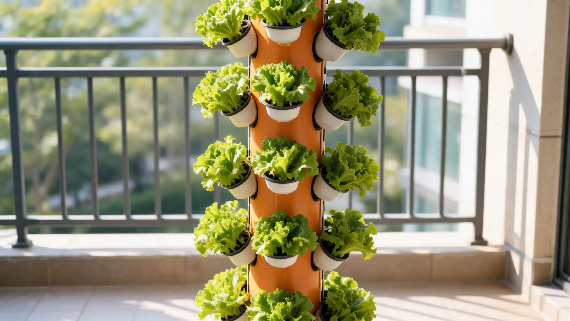 vertical hydroponic tower system with multiple lettuce plants growing in stacked containers on a balcony