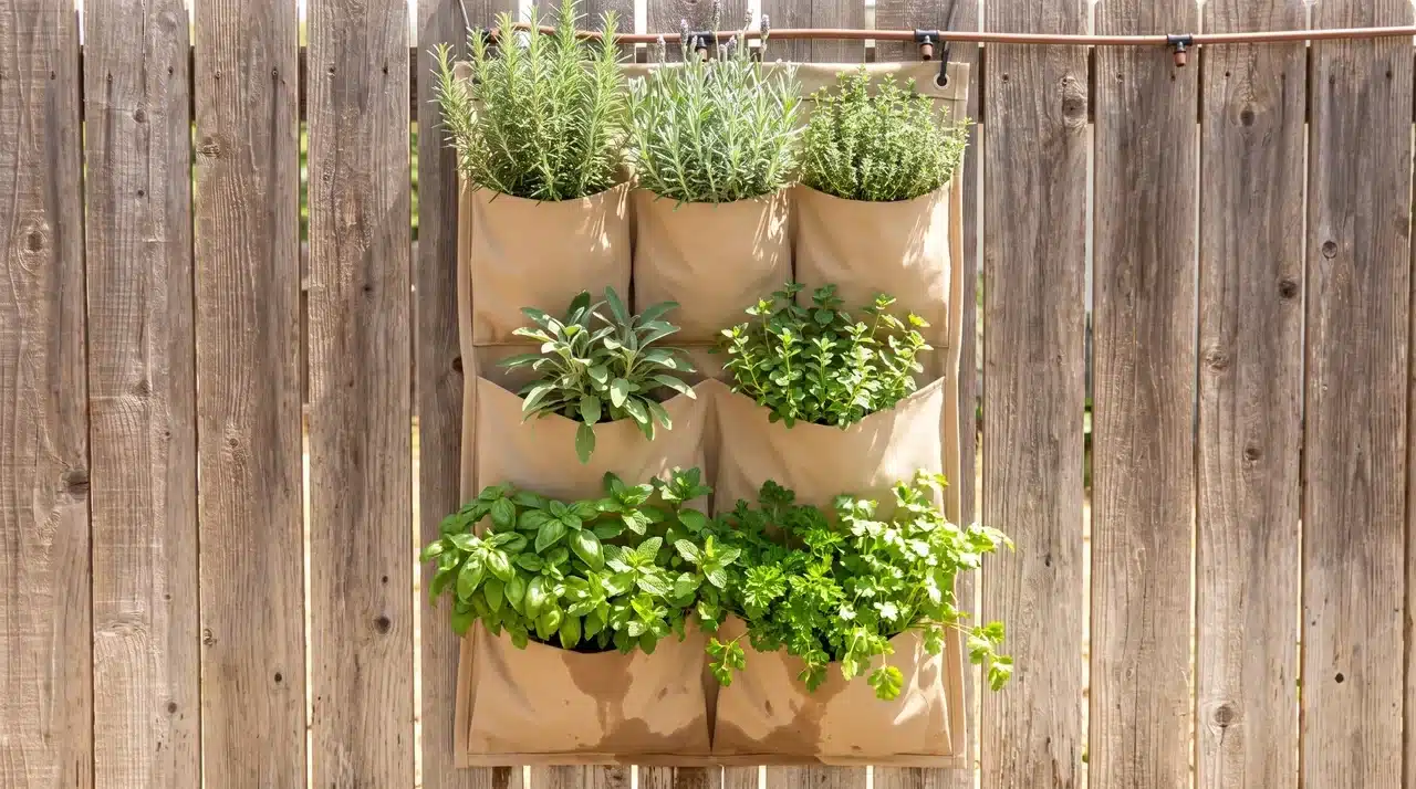 Fabric vertical pocket planter on a fence with herbs planted in rows from top to bottom