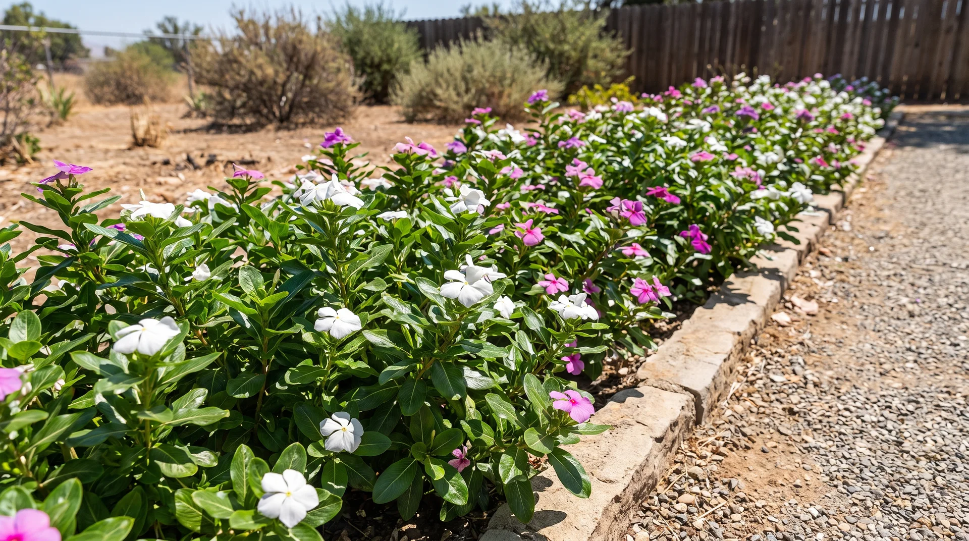 Vinca flowers growing along a sunny garden walkway border