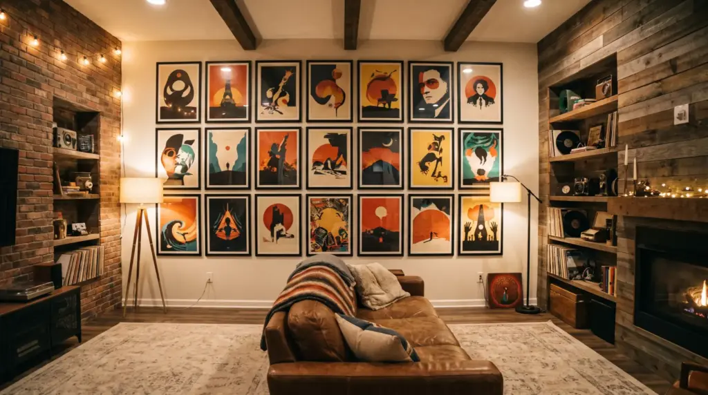 Vintage movie and concert poster gallery displayed on a man cave wall.