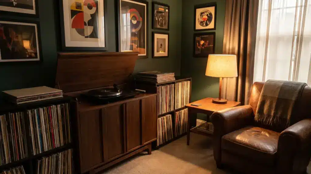 Vinyl record corner with turntable, album shelves, speakers, and a cozy chair in a stylish man cave.