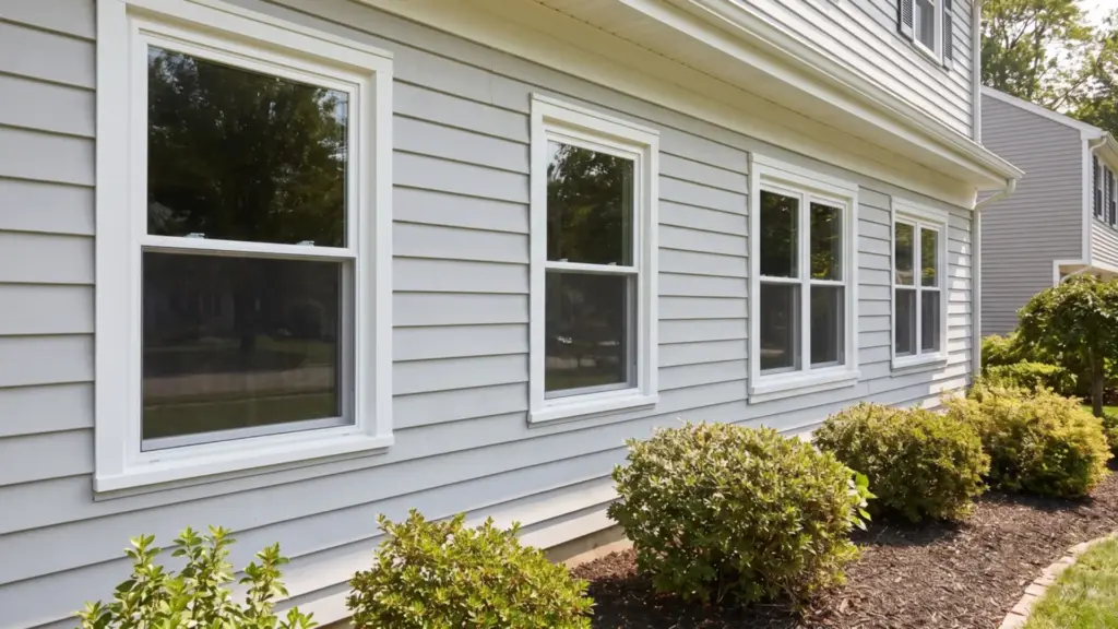 Best Windows for Home: A Buyer’s Guide Row of clean white vinyl double-hung windows on the exterior of a grey-sided home.