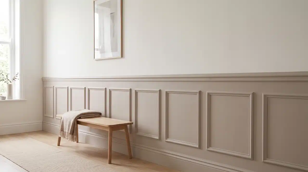 Hallway with painted wainscoting, a chair rail, and a smooth upper wall in matching contemporary tones