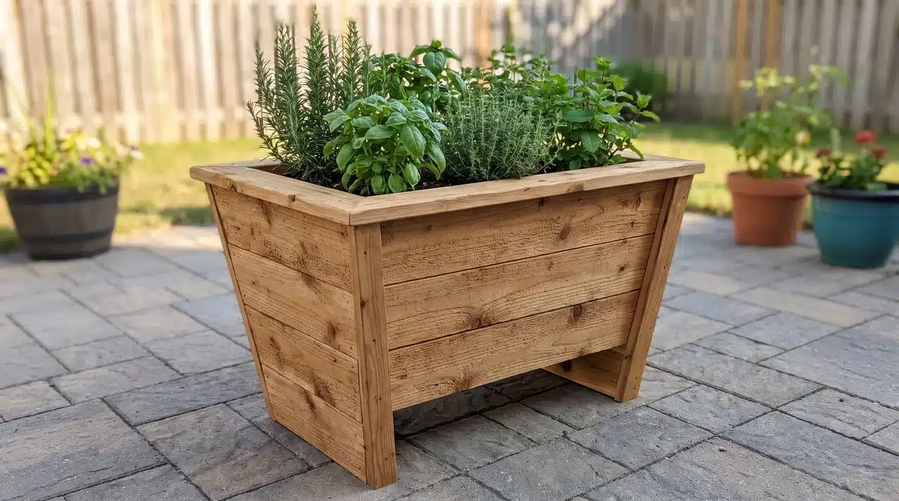 Waist-high tapered wooden herb planter standing above ground with herbs growing in the raised bed