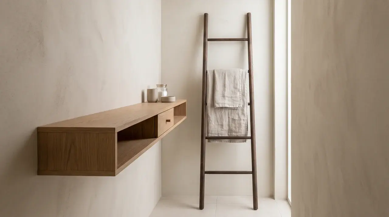 Slim wall-mounted shelf with a small drawer next to a towel ladder