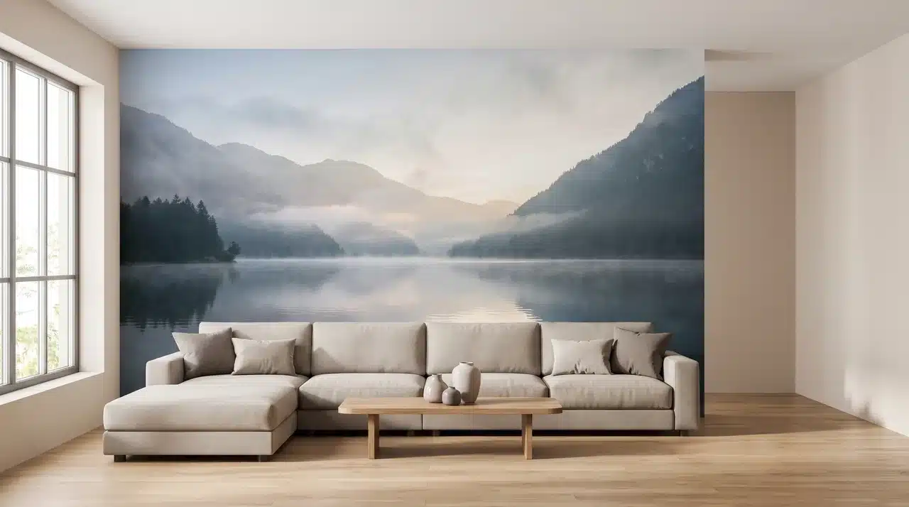 Living room with a full-wall landscape mural covering the entire feature wall behind a sofa