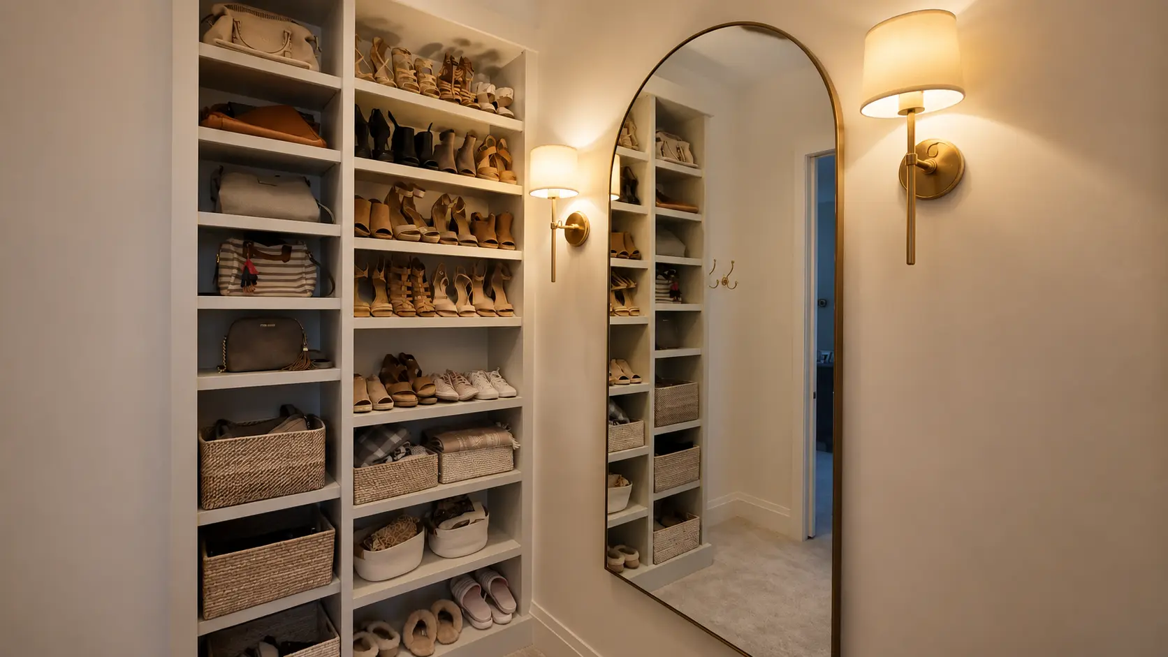 Built-in closet with shoe shelving and baskets, highlighted by warm wall sconce lighting and a tall arched mirror creating soft ambient glow.