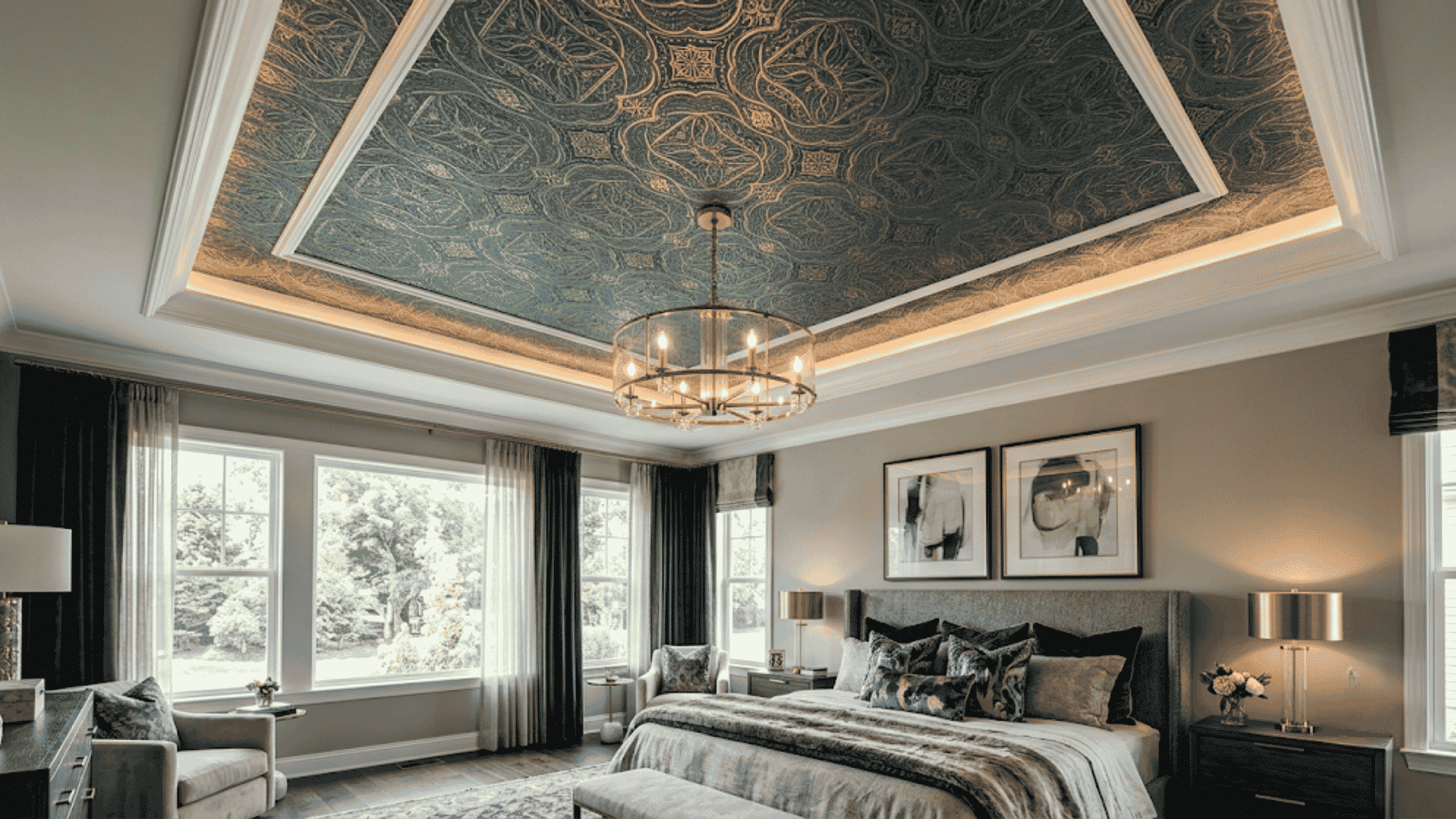 wallpaper tray ceiling with elegant patterned panels and soft cove lighting creating a refined luxurious bedroom design 