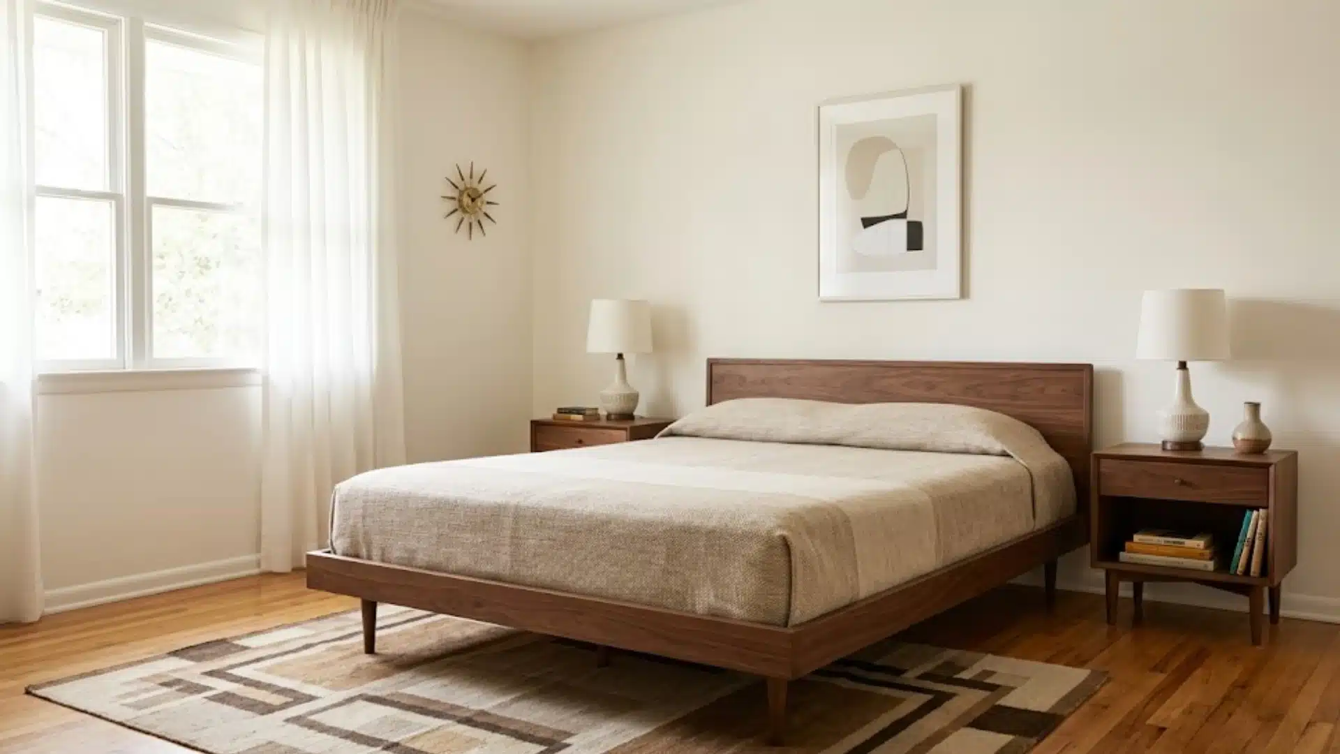 Mid century modern bedroom interior with walnut low-profile bed and matching nightstands