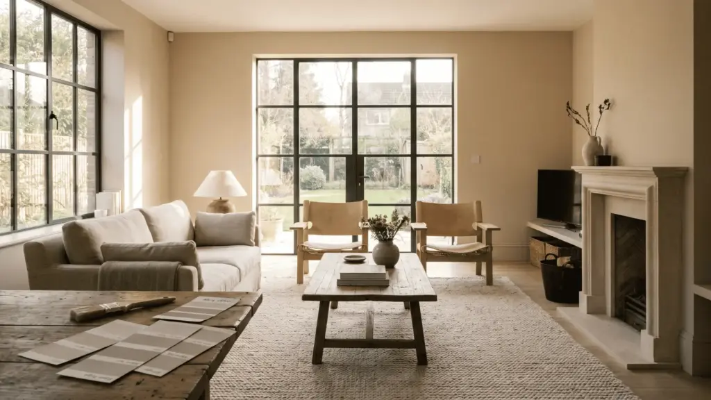 10 Best Warm Beige Paint Colors that Always Work Warm beige paint colors shown in a sunlit living room with neutral decor and paint samples