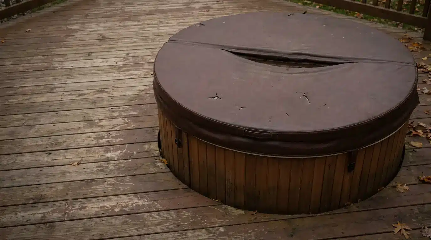 Wooden hot tub with a worn brown cover on rustic deck with fallen leaves