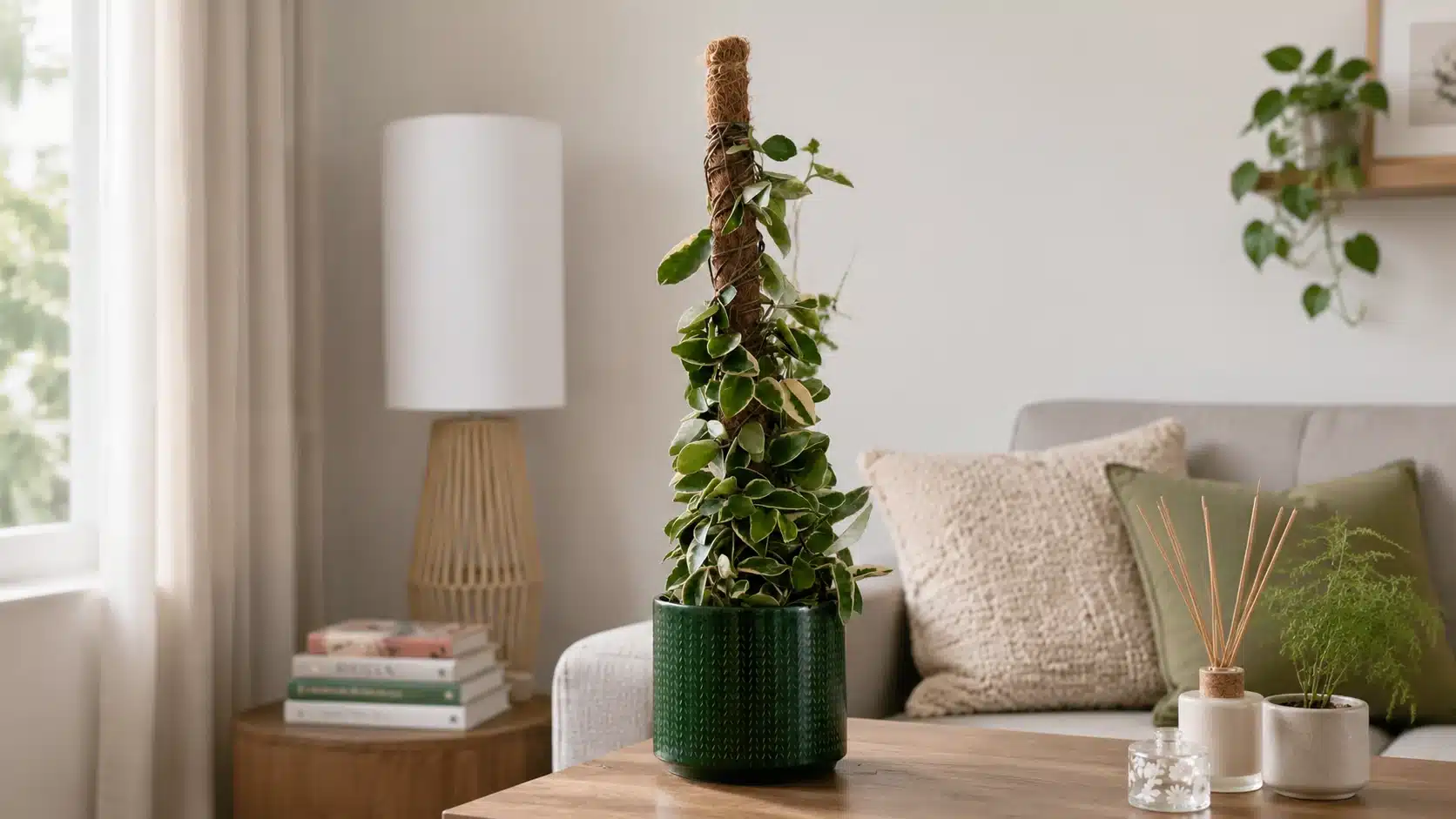 Wax plant vine climbing a moss pole with star-shaped flower clusters