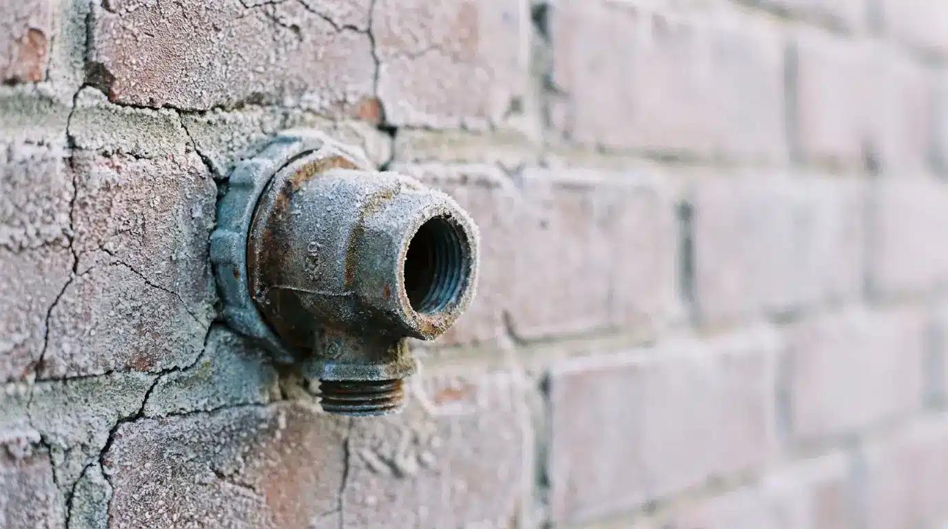 Rusty metal pipe protruding from cracked brick wall in outdoor setting
