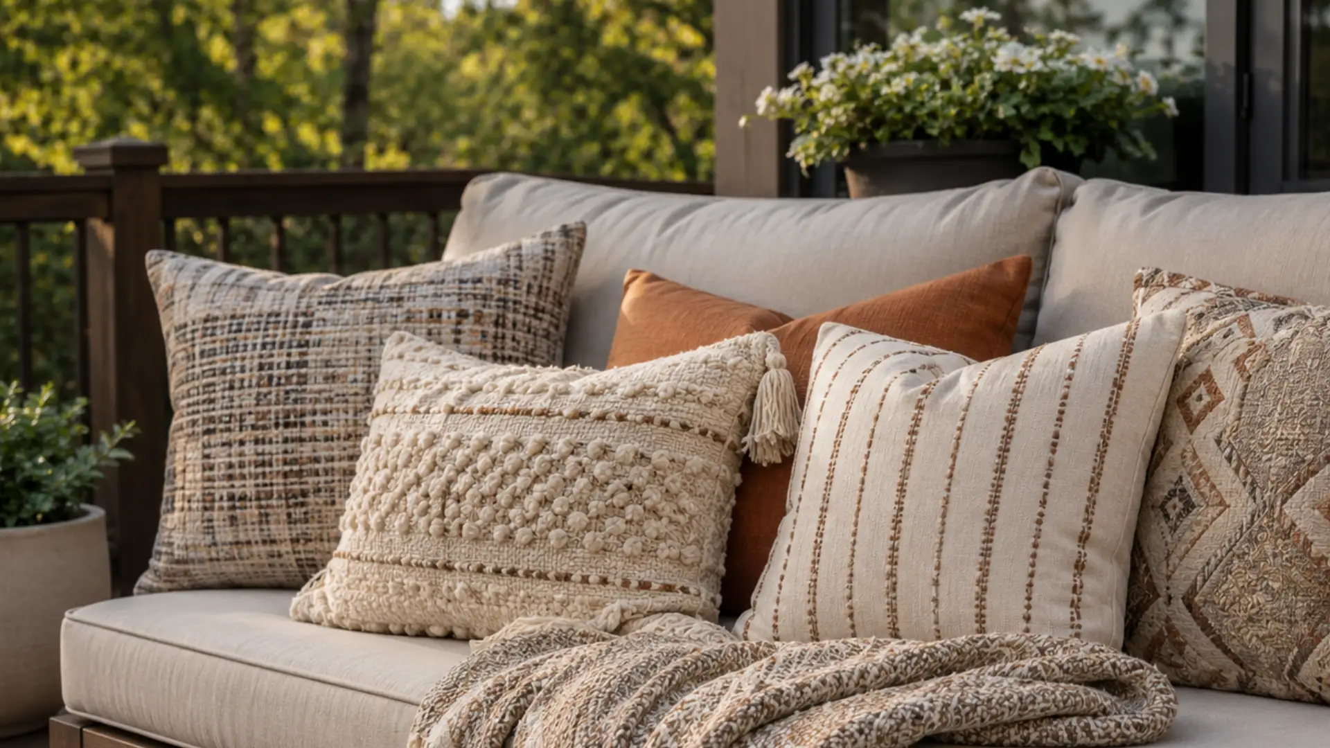 Weatherproof throw pillows arranged on backyard deck seating