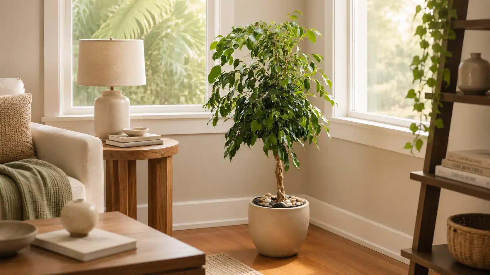 Weeping fig with small glossy leaves and a tree-like shape
