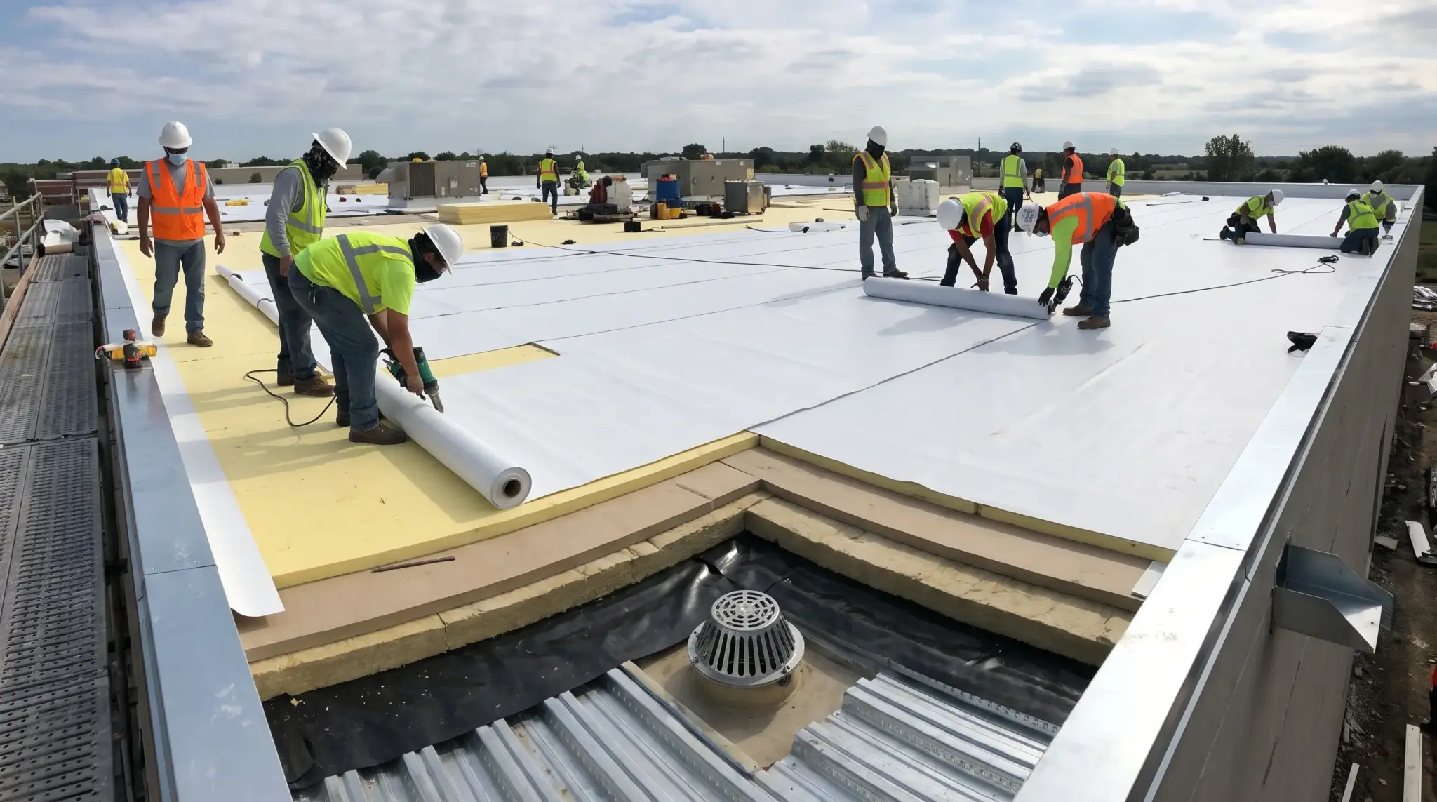 Roofing crew in safety vests installing white TPO membrane sheets over insulation on a large commercial flat roof.