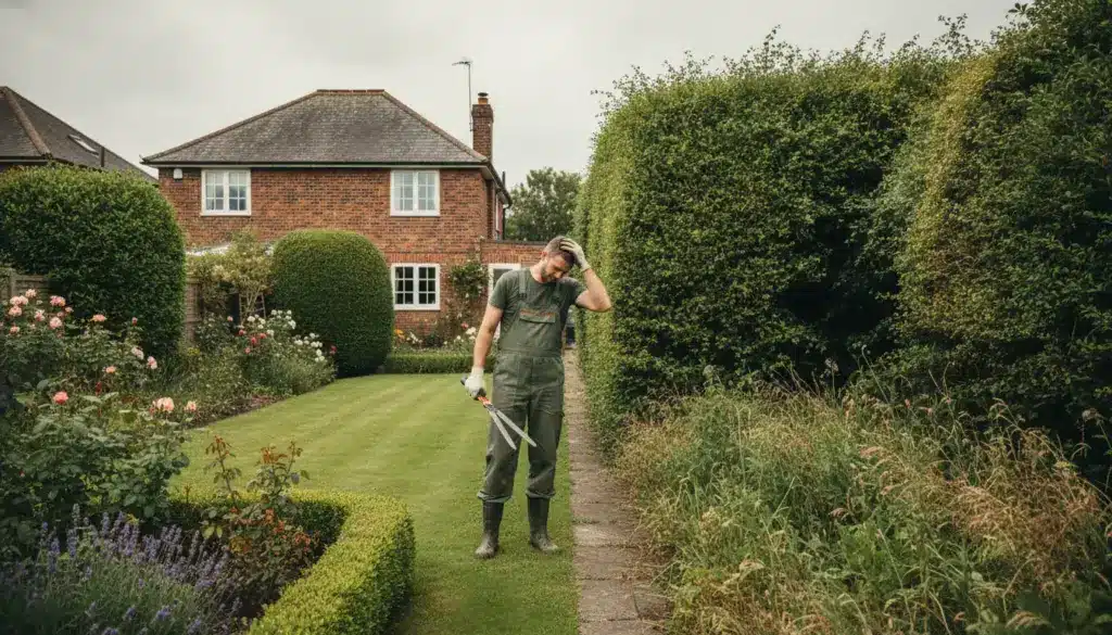 Gardener in overalls holding hedge clippers near trimmed garden path in lush backyard