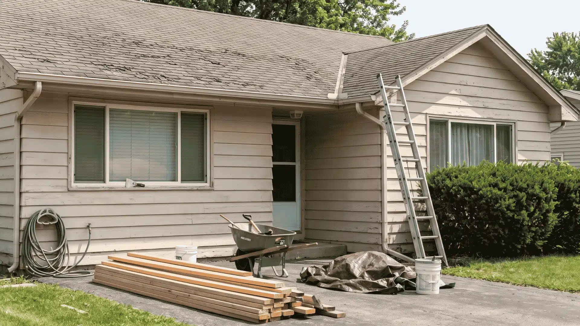 House exterior with roof, gutters, and maintenance tools around the property