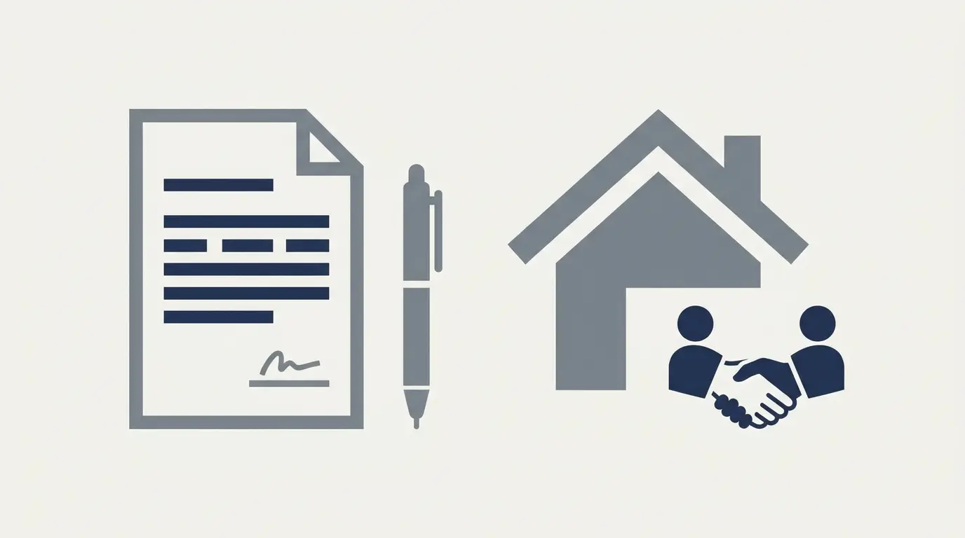Contract icon with a pen, house icon, and handshake symbol representing a signed agreement