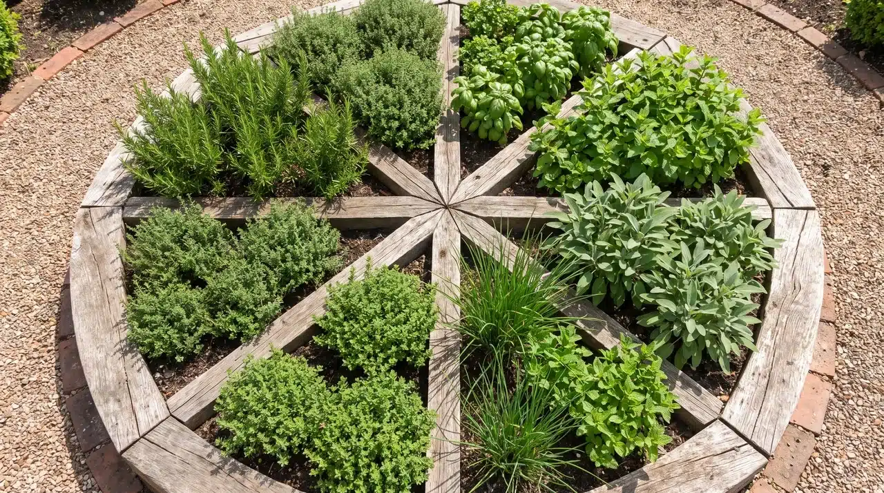 Circular herb garden divided into wedge-shaped sections with timber spokes and different herbs in each segment