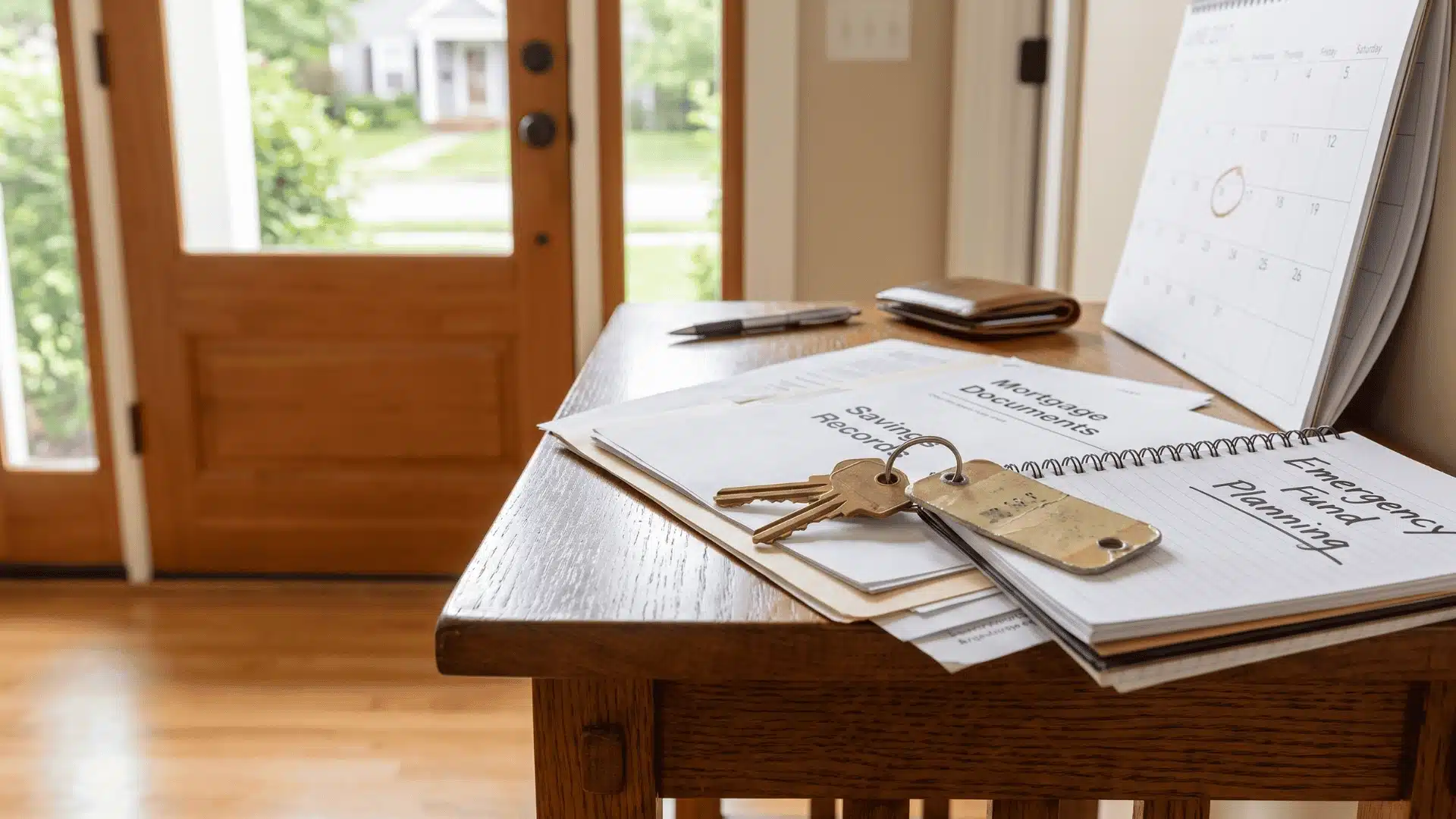 Keys and home planning documents placed on a table near an entryway