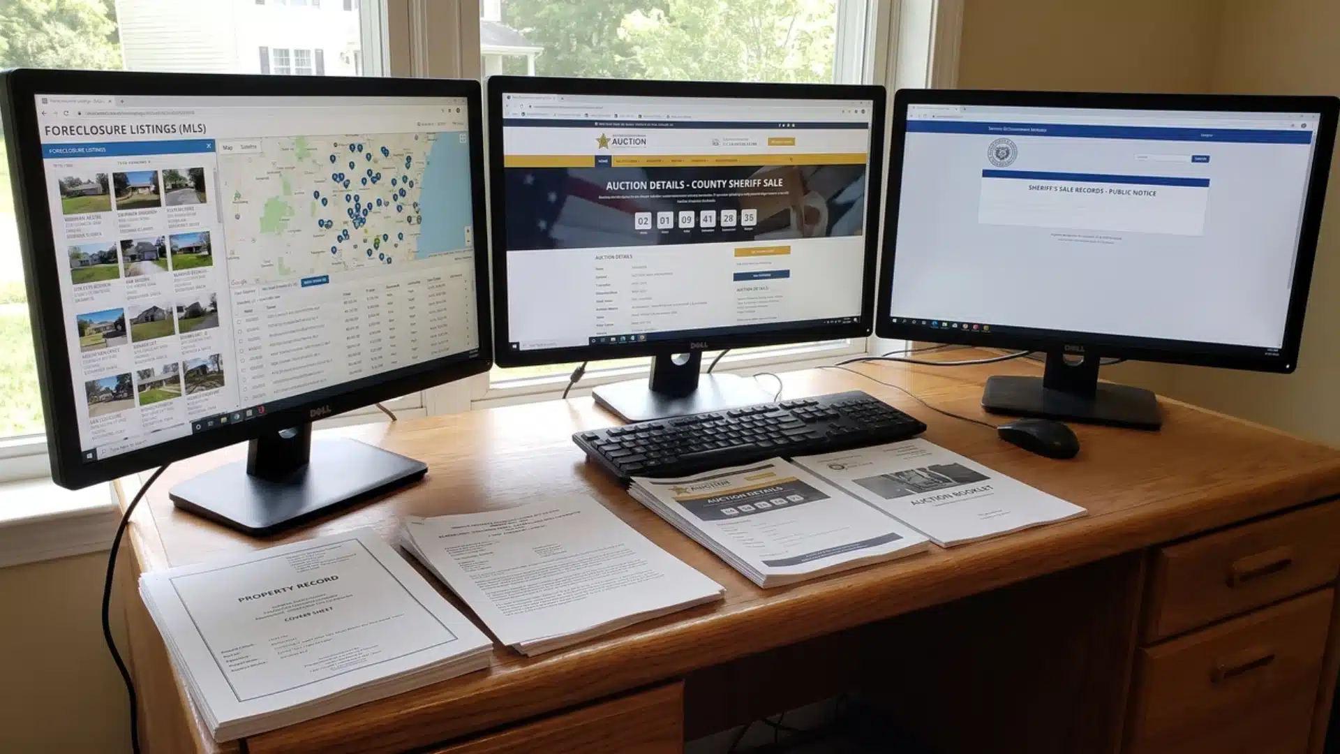 Multiple foreclosure property listings displayed on screens and documents on a desk