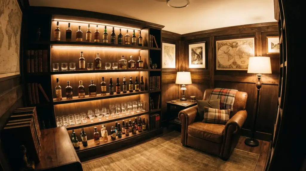 Whiskey and beer tasting shelf with bottles and glassware in a cozy man cave.