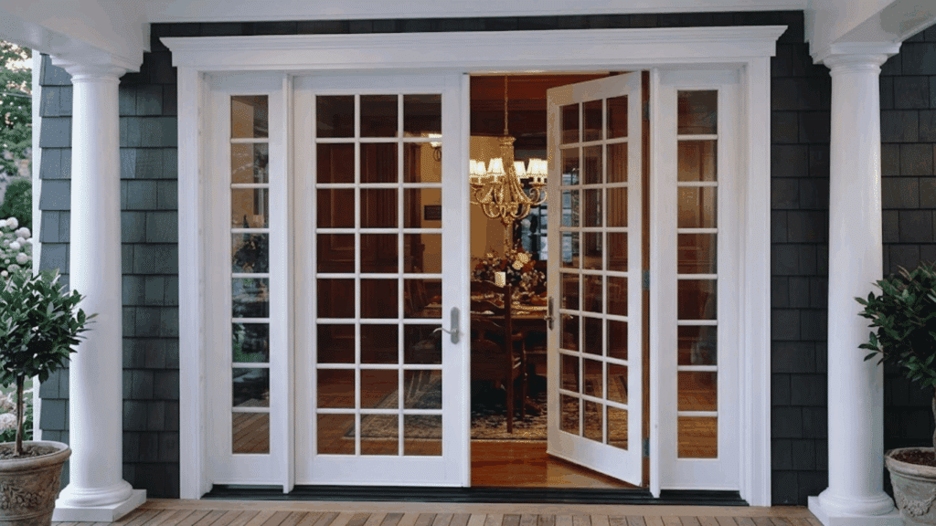 What Is a French Door: Style, Features, and Uses white framed french patio doors with one door open revealing a warmly lit dining room beneath an elegant chandelier