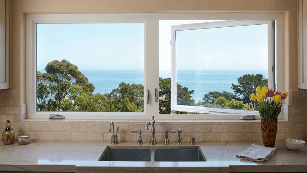 white framed kitchen windows above a sink showing ocean trees and blue sky outside