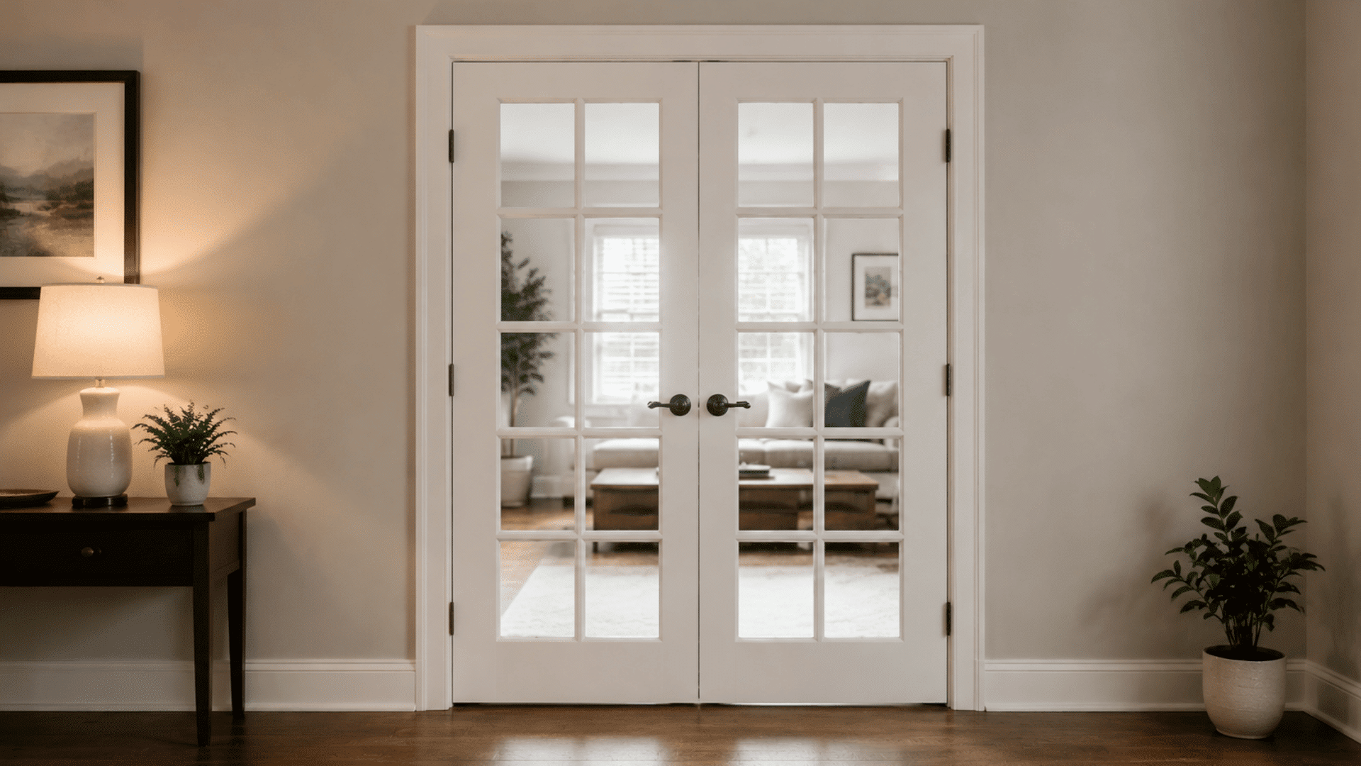 white french doors with glass panes leading to a bright living room beside a table lamp and indoor plants