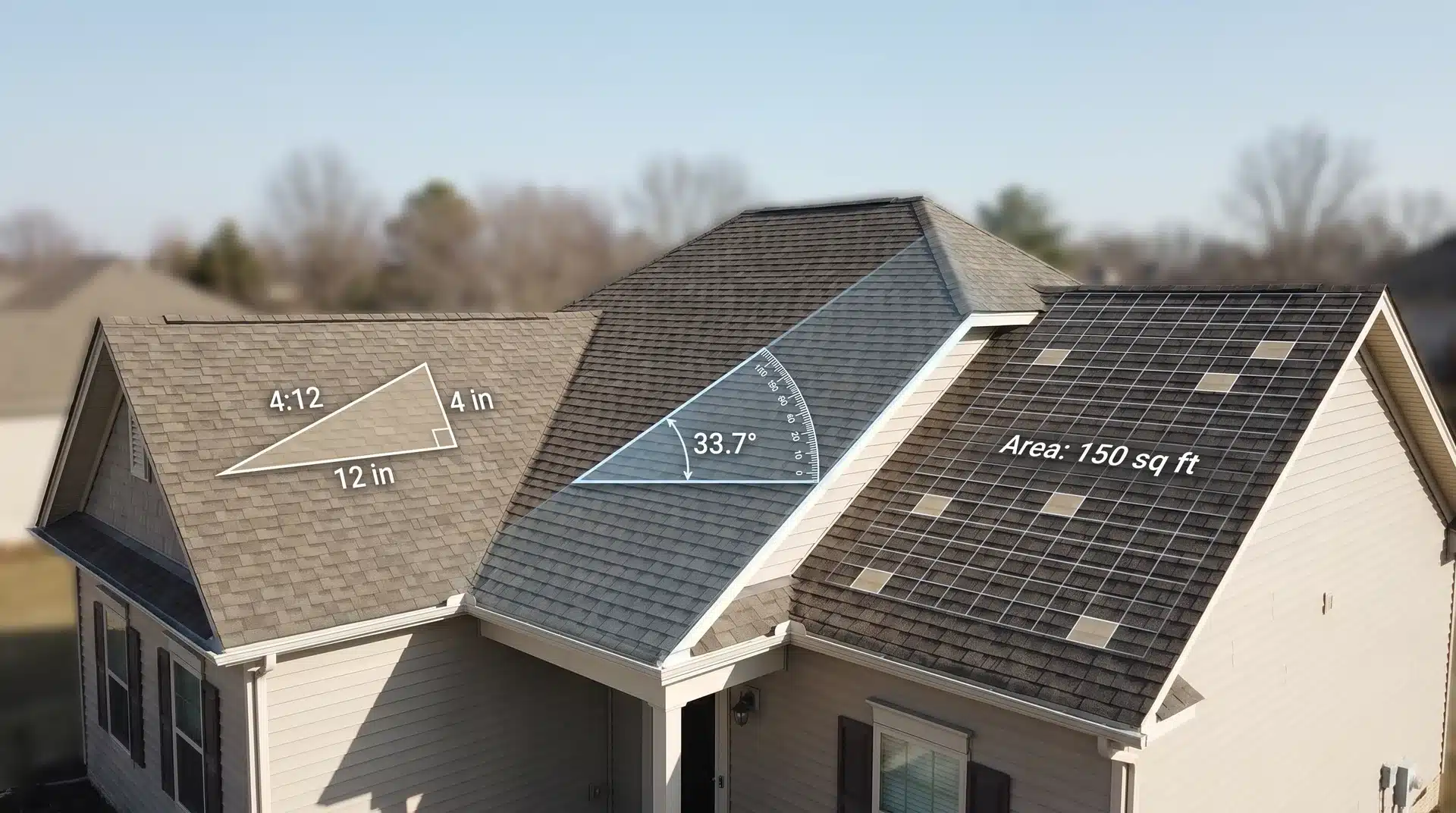 Roof slope being measured with tools to show pitch angle and surface area concepts