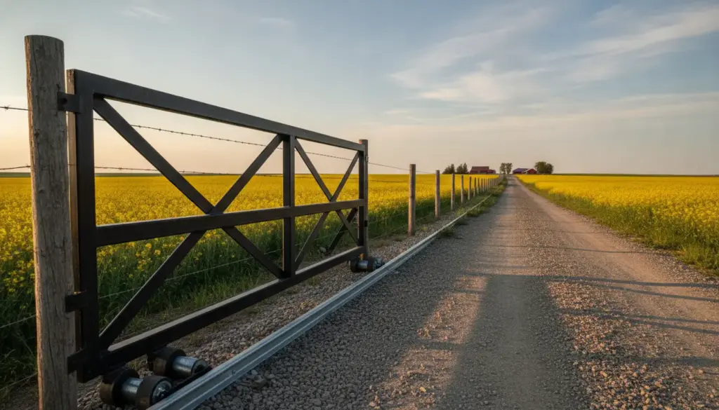 Gravel path and metal gate alongside expansive yellow canola field under clear sky