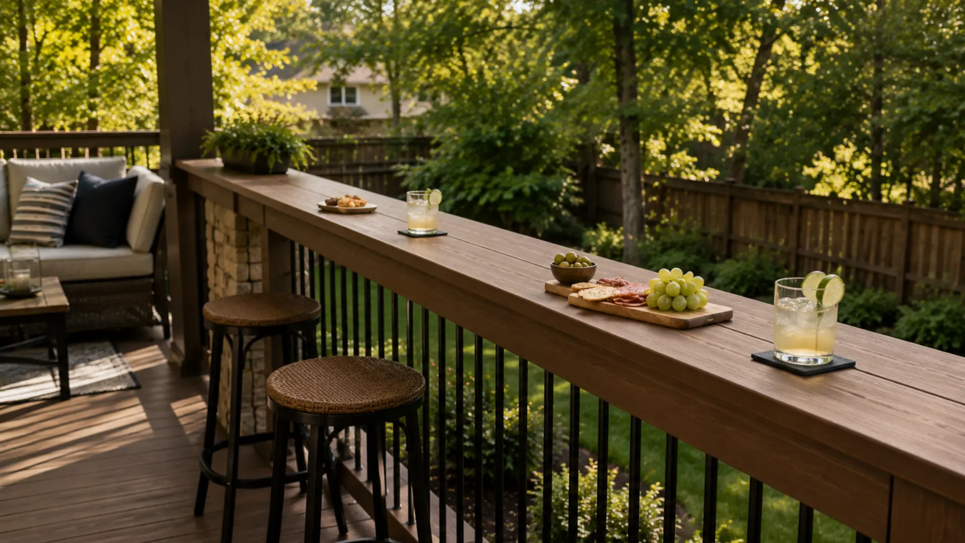 Wide cocktail rail seating along a backyard deck railing, used as a surface for drinks and snacks