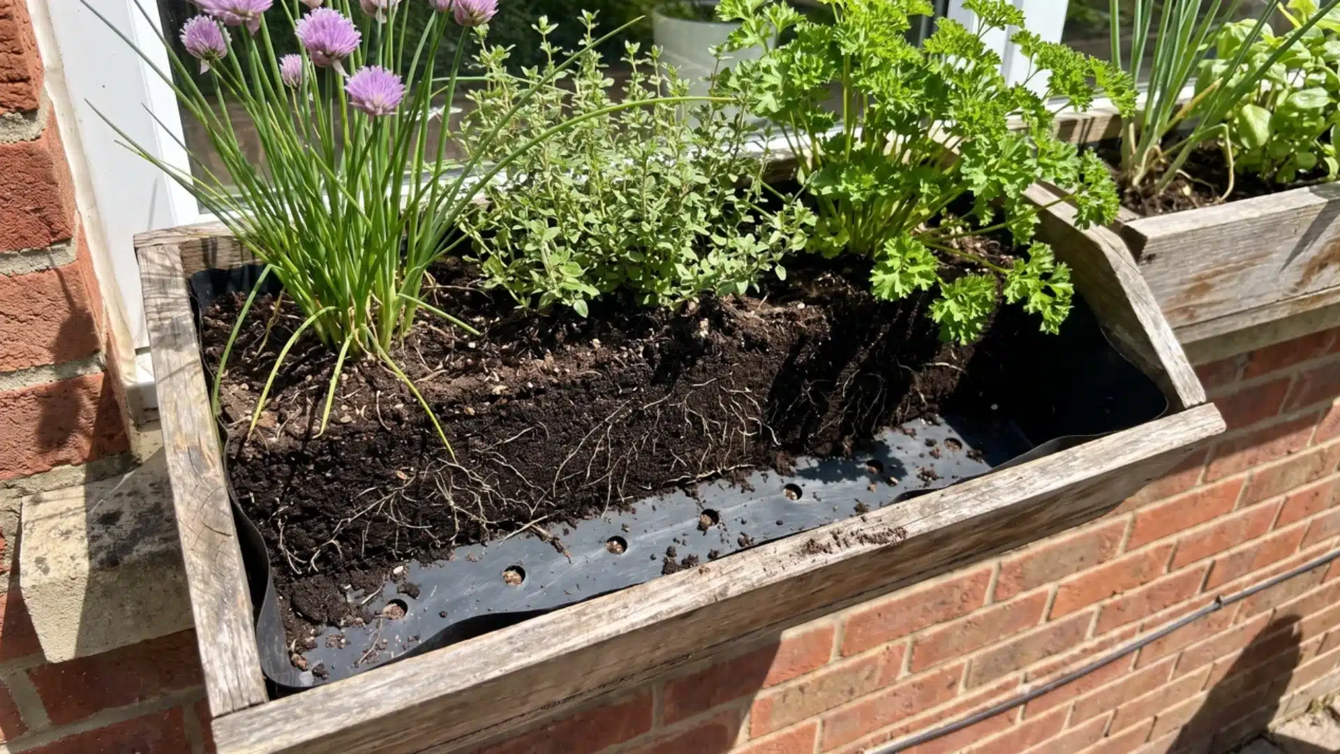 shallow window box with chives thyme parsley and drainage holes visible in soil setup