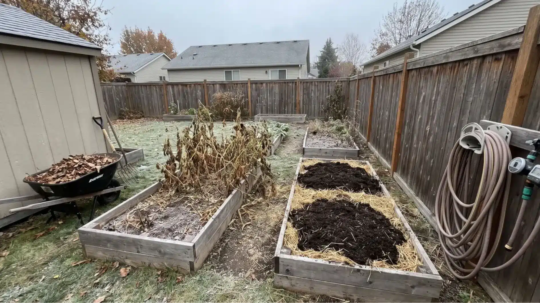 Raised garden beds with mulch, compost, stored tools, and winter preparation materials