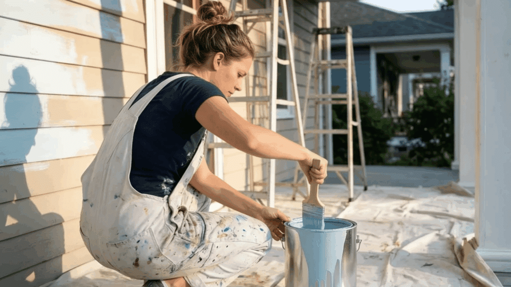 What Is Paint Made Of: Ingredients, Process, and Types woman crouching beside a paint can dipping a brush into blue paint while preparing to paint a house porch